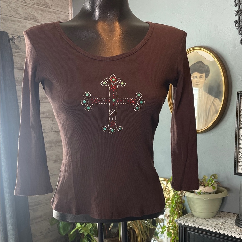 Nally & Millie Brown Long Sleeve Top with Embellished Cross